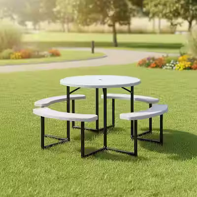 8-person round picnic table set with HDPE top and metal frame
