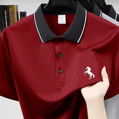 Men's Business Casual Short Sleeve Collared Shirt with Embroidered Prancing Horse Design