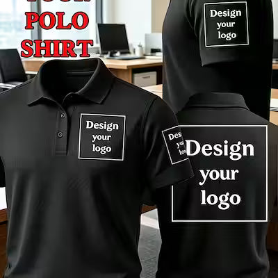 Customizable White Men's Polo Shirt with Front Chest, Sleeve, and Back Printing