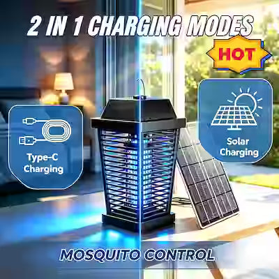 Solar Bug Zapper with Large Square Hanging Design, 3000mAh Battery, 4500V Shock, 2000 sq ft Coverage for Backyard, RV and Pond