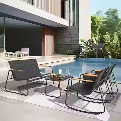 4-piece outdoor conversation set with textilene loveseat and rocking chairs