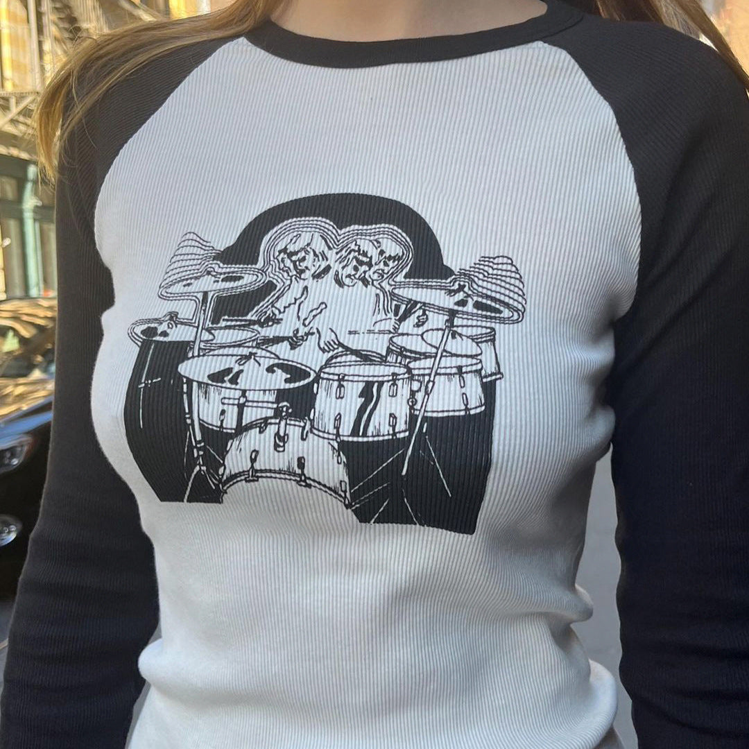 Women's Printed Ribbed Raglan Contrast T-Shirt