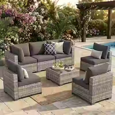 All-Weather PE Rattan Sectional Set with Thick Cushions and Tempered Glass Coffee Table – Modular Outdoor Sofa for Garden and Balcony