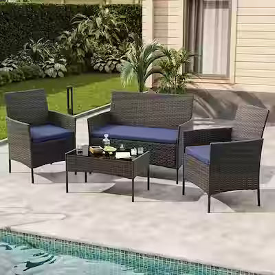 4-piece outdoor patio bistro set with wicker rattan seating and glass table