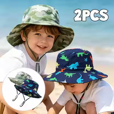 2-Piece Dinosaur Print Camouflage Bucket Hats with Wide Brim and Adjustable Cord