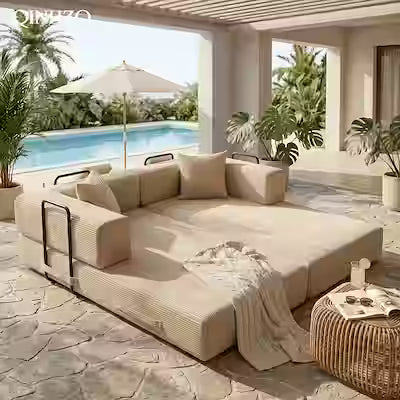 Modular L-shaped recliner sofa converts to king-size bed