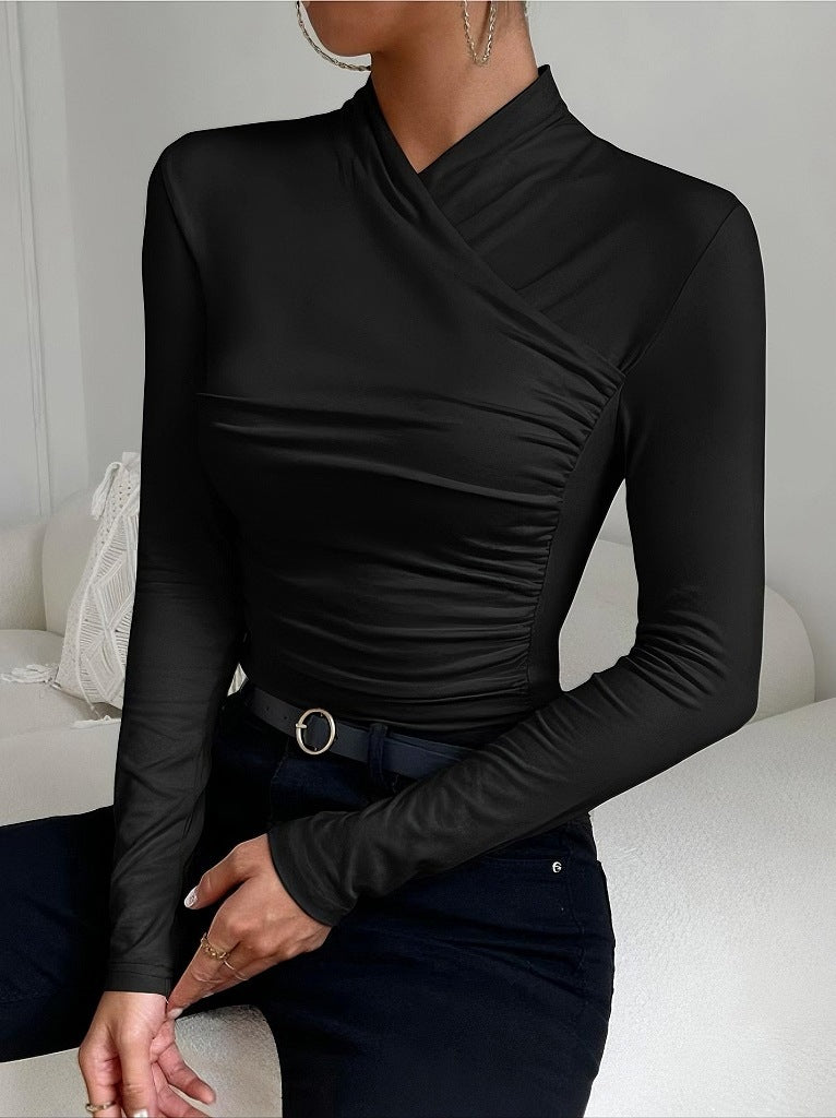 Cross Collar Pleated Slim Long Sleeve Top