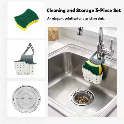 3-Piece Kitchen Sink Organizer Set with Adjustable Caddy, Sponge Holder, and Sink Filter