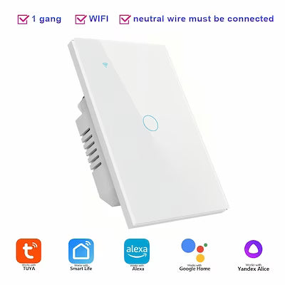 Smart White Touch Light Switch – Alexa & Google Compatible, Glass Panel, Requires Neutral Wire