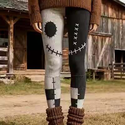 High-Waist Halloween Pattern Leggings – Black and Gray