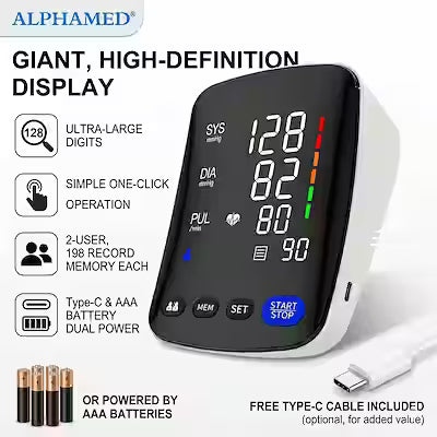 Upper Arm Automatic Blood Pressure Monitor with Large Curved LED Display, Adjustable 8.7‑–17 in Cuff, 2‑User 198‑Reading Memory, Type‑C Charging