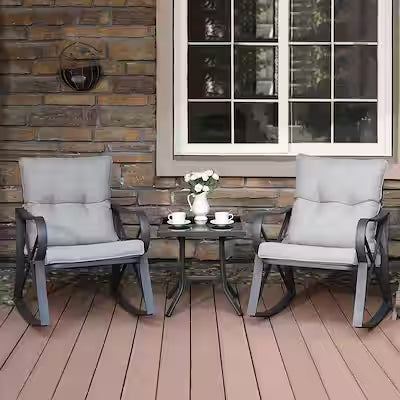 3-piece outdoor wicker rocking chair set with glass table and thick cushions