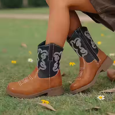Chunky Heeled Square-Toe Ankle Boots in Faux Denim