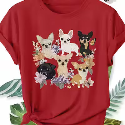 Ladies' Plus Size Short Sleeve T-Shirt with Chihuahua Dog Floral Print, Crew Neck