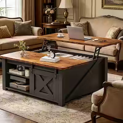 Lift-top wooden coffee table with hidden storage and shelves