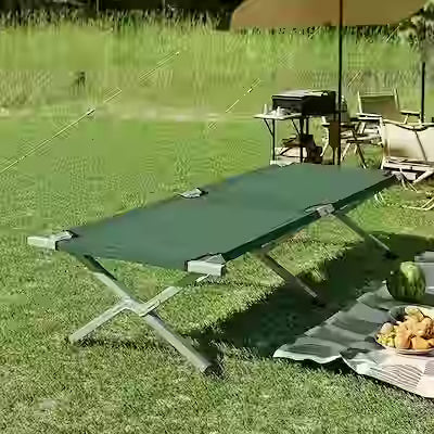 Folding camping cot with lightweight aluminum frame and quick-setup design