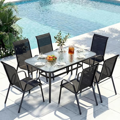 6-piece all-weather outdoor dining set with stackable chairs and umbrella hole