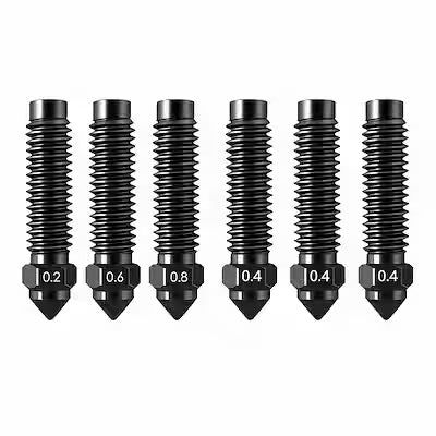 6‑Piece Hardened Steel Nozzle Kit (0.2 mm, 0.4 mm, 0.6 mm, 0.8 mm) for High‑Temperature 3D Printers