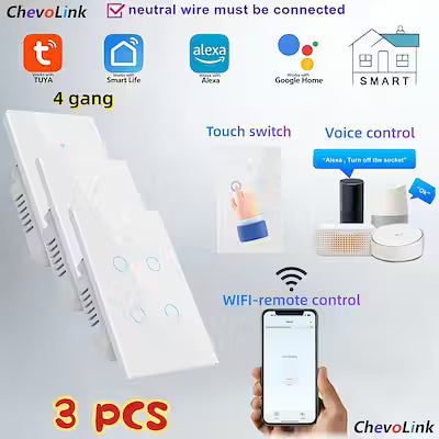 Smart WiFi Light Switch - 4-Gang, Tuya App, Alexa & Google Compatible