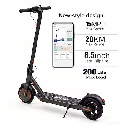Smart App Controlled Foldable Adult E‑Scooter, 350W Motor, Long Range, 8.5" Anti‑Slip Solid Tires, LCD Dashboard, 3 Speed Settings, Dual Brakes, LED Front & Rear Lights, Aluminum Alloy Frame, 265 lb Weight Capacity