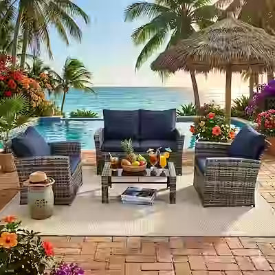 4-piece all-weather wicker sectional with glass table and multi-use ottomans