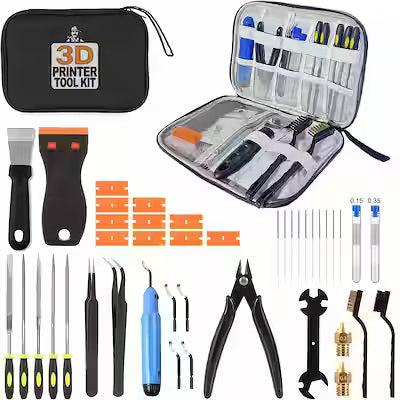 33‑Piece 3D Printer Tool Kit – Nozzles (0.2 mm / 0.4 mm), Cleaning Tools, Scraper, Brushes, Pliers, Files, Deburring Tools