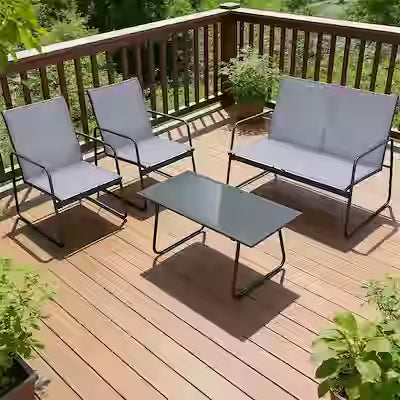 4-piece outdoor patio conversation set with tempered glass table and metal frame