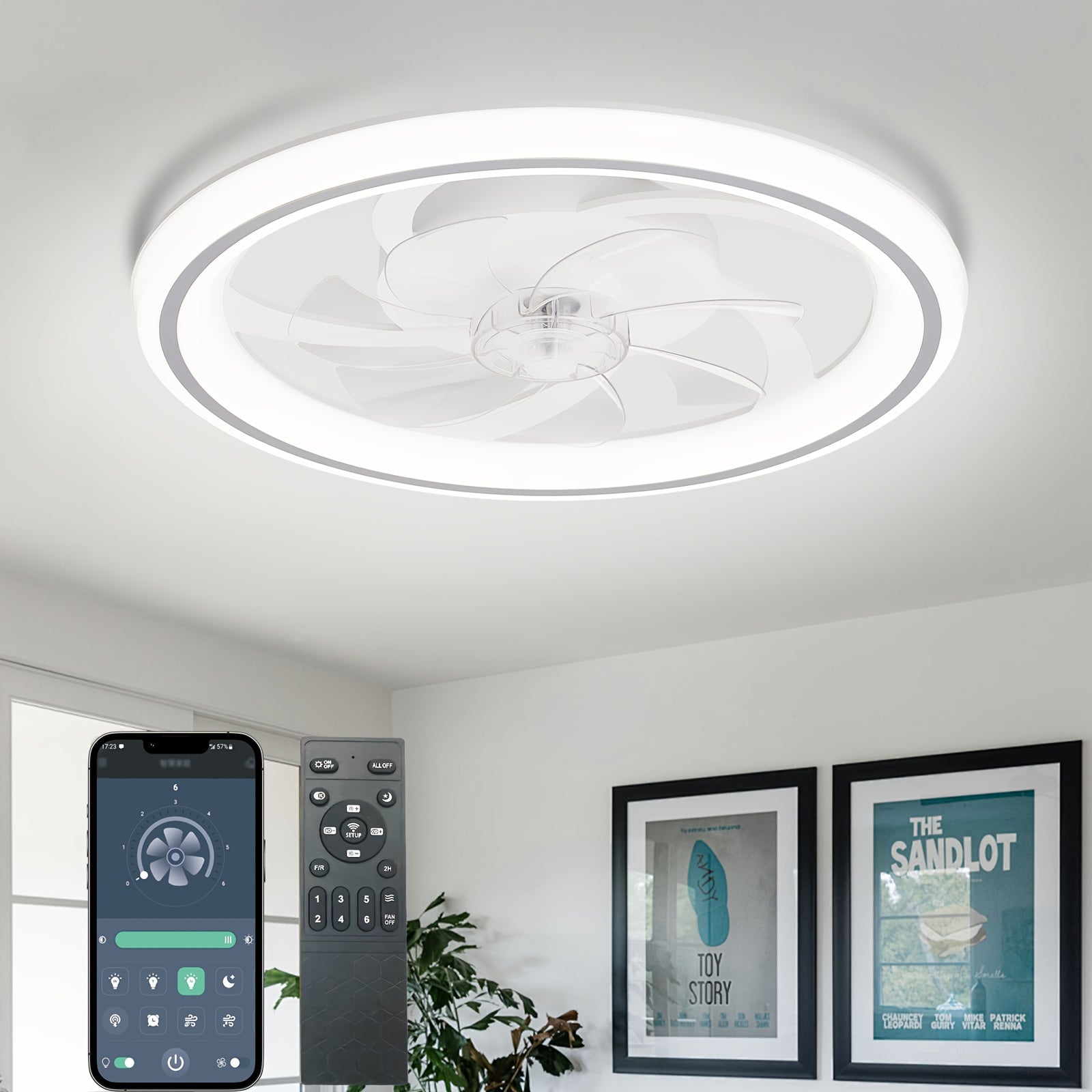 LED Ceiling Fan with Light – App & Remote Control, Timer, 6 Speeds, 3 Color Options, Adjustable Brightness, Reversible DC Motor, Plastic Blades