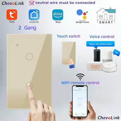 Smart Wi‑Fi Touch Switch with Scratch‑Resistant Tempered Glass Panel, Wi‑Fi & Bluetooth, Alexa & Voice Control, 1‑4 Gang Options, 600 W Max Load per Gang, 100‑240 V