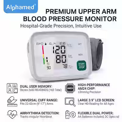 3-in-1 Upper Arm Blood Pressure Monitor with Large Display and Multi-User Memory