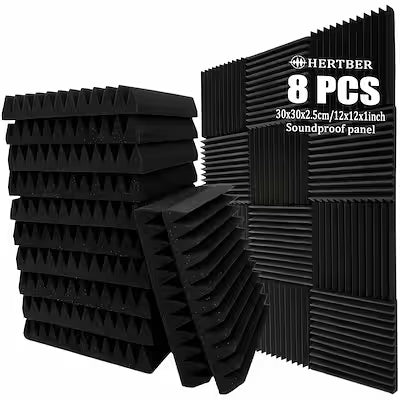 8 pcs Black High-Density Wedge-Shaped Acoustic Foam Panels – 11.81 x 11.81 x 0.98 in, 66.14 lb/ft³