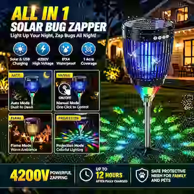 4-in-1 Solar Bug Zapper with Flame Projection Light, Auto Day/Night Mode, USB Rechargeable and IPX4 Waterproof Design for RV