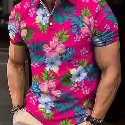 Men's Short Sleeve Tropical Floral Print Polo Shirt