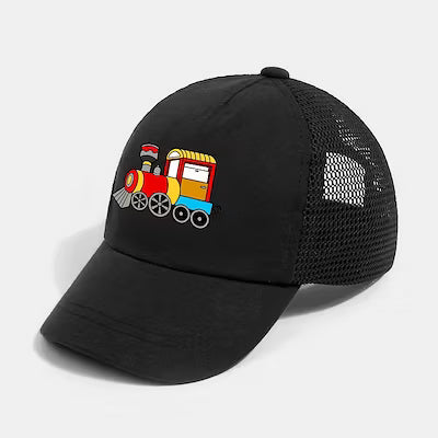 Breathable mesh baseball cap with train graphic design