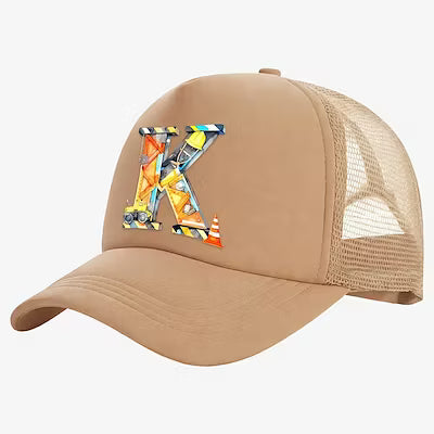 Personalized letter-print baseball cap with excavator truck design for boys