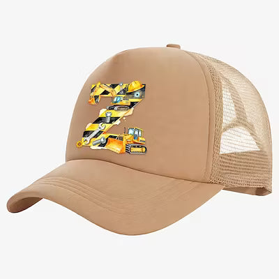 Personalized letter-print baseball cap with excavator truck design for boys