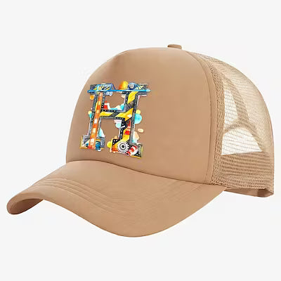Personalized letter-print baseball cap with excavator truck design for boys