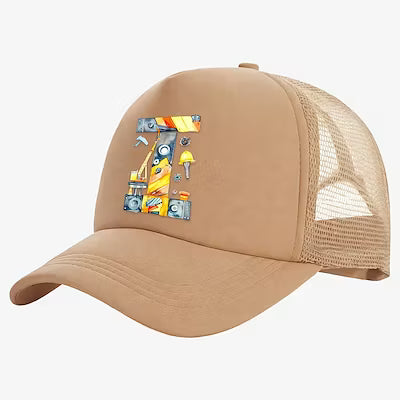 Personalized letter-print baseball cap with excavator truck design for boys