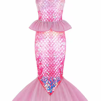 Girls Mermaid Dress with 3D Tail and Ruffled Skirt