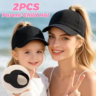 Matching solid color ponytail baseball caps set for parent and child