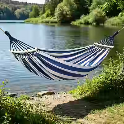 Striped outdoor hammock for backyard and vacation use