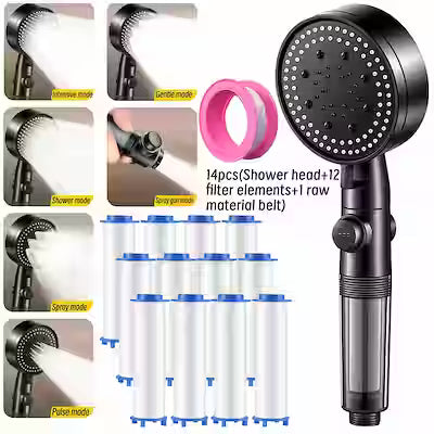 6‑Mode Handheld Shower Head Set – Includes 1 Shower Head, 12 Filter Cartridges and PTFE Tape