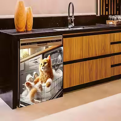 Orange Cat 2D Dishwasher Sticker – 21.65 Inch Flat Decal for Refrigerator, Dryer, and Washing Machine