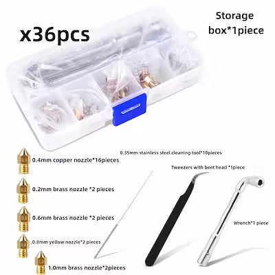 36‑Piece Brass Nozzle Kit for Ender 3, CR‑10, MK8 – Includes 0.4 mm Nozzles, Cleaning Needle and Wrench