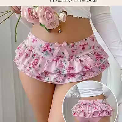 Women's Pink Rose Ruffle Mini Skirt – Double Layer Satin, High Waist with Bow