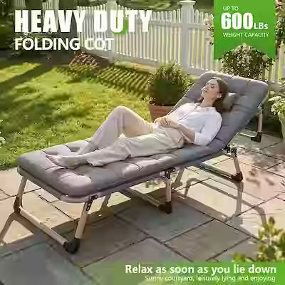 Adjustable folding camping bed with 600 lb capacity for outdoor relaxation