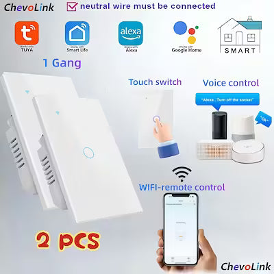 Set of Two White Smart Wi‑Fi Wall Switches with Touch Control, Voice and Timer, Neutral Wire Required