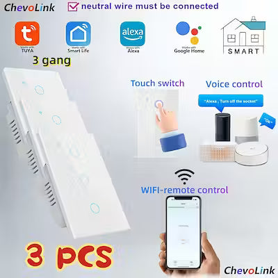 White and Black 3-Gang Smart Wi-Fi Light Switch, US Standard