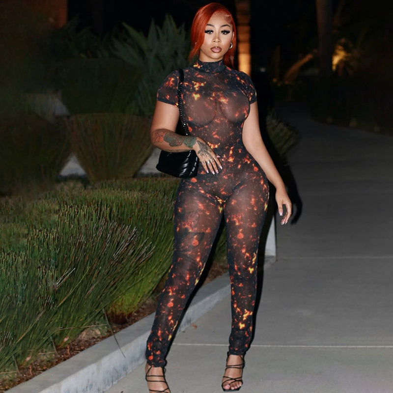 Sexy Backless Hollow-Out Turtleneck Printed Jumpsuit