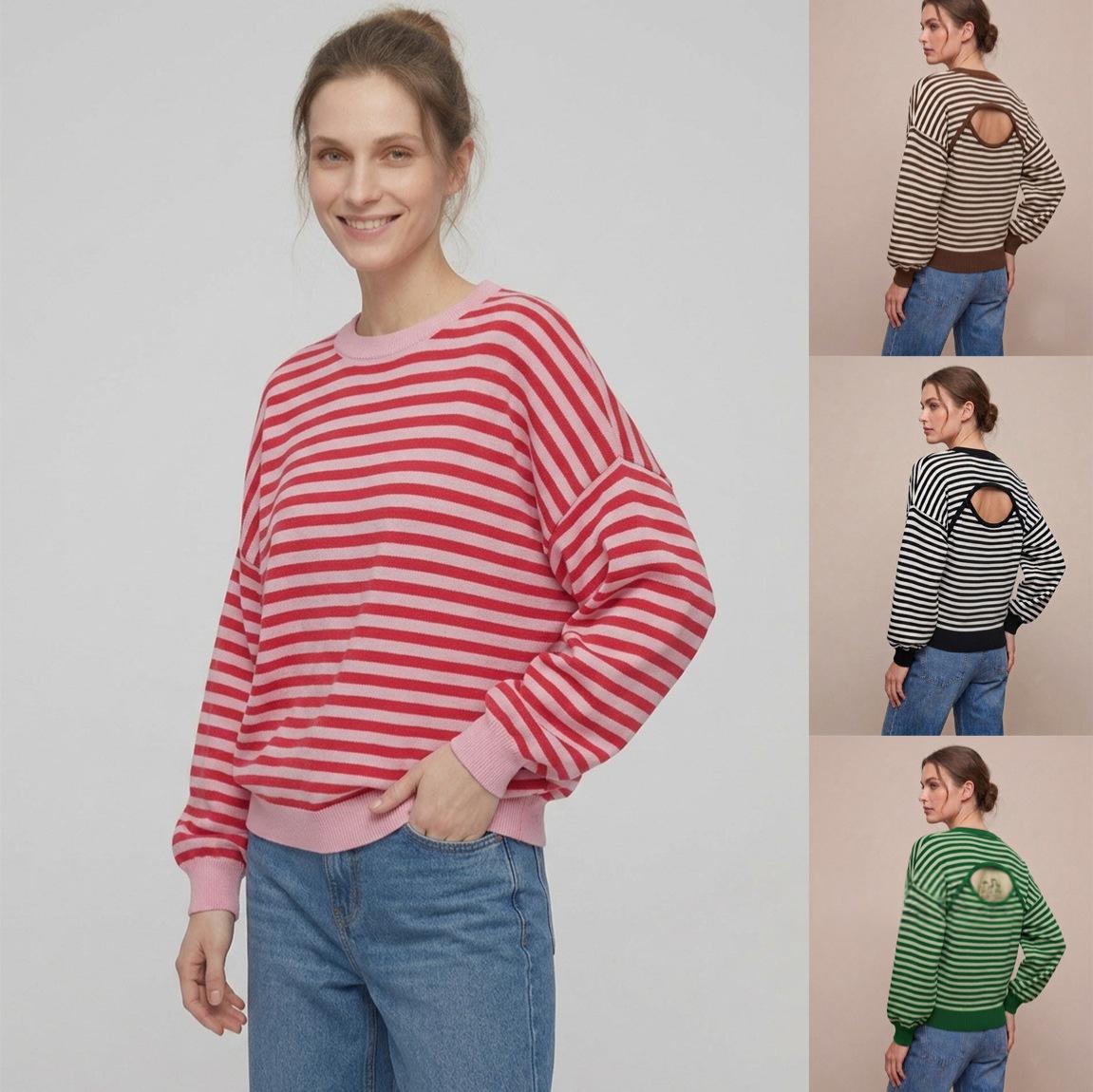Backless Striped Color-block Long-sleeve Knitted Sweater for Women